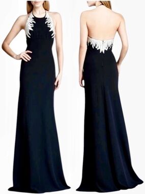 Carmen Marc Valvo Silver Embroidered Wings Black Halter Maxi Gown - Size 8